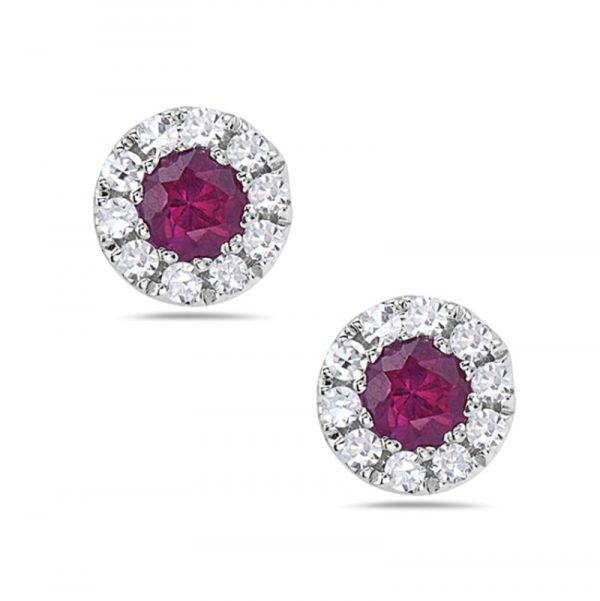 14kt White Gold Stud Earrings With Rubies & Diamonds