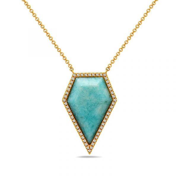 14kt Gold Kite Shaped Necklace With 5.35ct Amazonite and 52 Diamonds (0.18ct.tw)