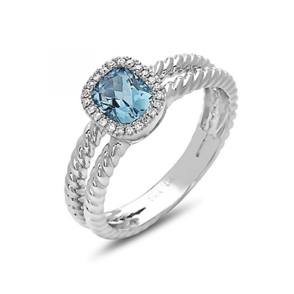14kt White Gold Rope Ring With 0.98ct Blue Topaz and 23 Diamonds (0.06ct.tw)