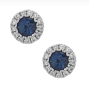 18K White Gold Stud Earrings With 2 Round Sapphires (0.26 ct.tw) & 26 Round Diamonds (0.08 ct.tw)