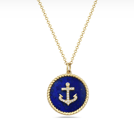 14K Yellow Gold Anchor Necklace With Lapis Lazuli & Diamonds